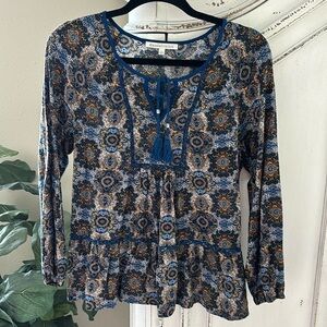 Daniel Rainn Blue Patterned Long Sleeve Blouse, Women’s Size Small
